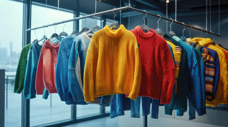 A vibrant collection of colorful sweaters hangs stylishly alongside casual blue jeans, showcasing a contemporary fashion display perfect for any wardrobe.の素材