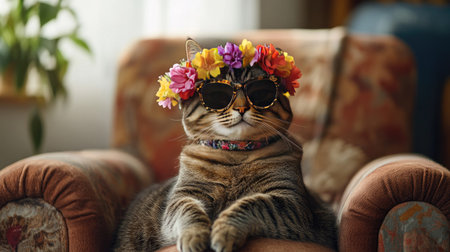 A fashionable tabby cat with a floral crown and stylish sunglasses lounges comfortably, showcasing a joyful and trendy demeanor perfect for pet lovers.の素材