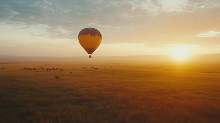 A vibrant hot air balloon rises gracefully over the stunning Masai landscape at sunrise, capturing the tranquil beauty of nature and adventure.の素材