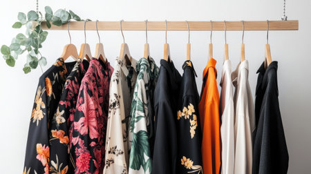 A stylish display of colorful garments hanging elegantly on wooden hangers, showcasing a blend of floral patterns and modern designs in a contemporary setting.の素材