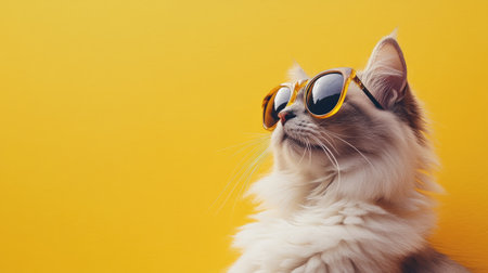 A charming fluffy white cat wearing stylish sunglasses poses against a vibrant yellow backdrop, capturing a playful and fashionable vibe perfect for pet lovers.の素材