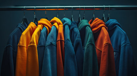 A vibrant display of hoodies neatly hung on a rack, showcasing various colors including blue, orange, and green. Perfect for fashion visuals or textile collections.の素材