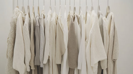 A stylish display of soft neutral clothes hanging in a modern setting. The beige, gray, and white garments showcase a minimalist aesthetic perfect for a contemporary wardrobe.の素材