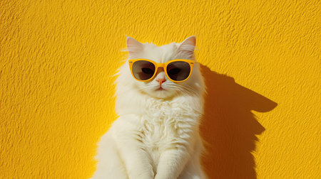 This charming image features a fluffy white cat wearing sunglasses, striking a playful pose against a vibrant yellow wall, radiating fun and cheer.の素材