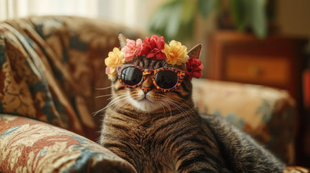 A fashionable tabby cat sporting a floral crown and sunglasses, lounging comfortably indoors. This photo captures the playful essence and charm of a stylish feline companion.の素材