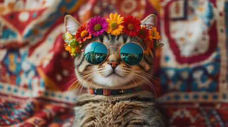 This image features a glamorous tabby cat with emerald eyes, wearing stylish sunglasses and a flower crown, showcasing a fun and trendy personality.の素材