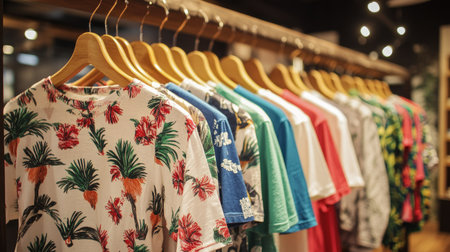 A vibrant display of colorful shirts hanging on wooden racks in a stylish store. The diverse patterns and designs showcase the latest fashion trends for summer wear.の素材