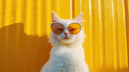 A fashionable white cat wearing oversized sunglasses poses against a vibrant yellow background, radiating charm and coolness in this sunny outdoor scene.の素材