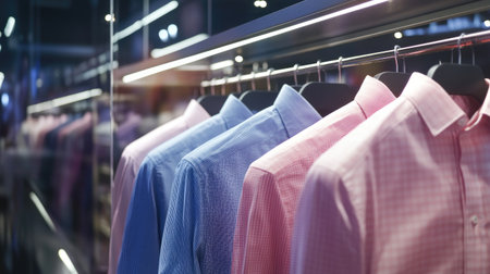 A collection of trendy shirts displayed neatly in a modern retail environment. The arrangement highlights various colors and fashionable designs, appealing to shoppers.の素材