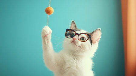 This playful white cat with black and brown accents is enjoying a moment of fun, wearing glasses while reaching for a colorful toy, radiating charm and curiosity.の素材