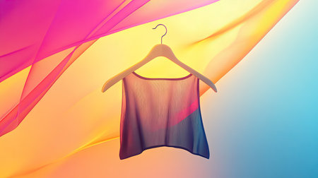 A simple garment hangs elegantly on a wooden hanger, set against a vibrant and colorful background, ideal for fashion and design inspiration.の素材