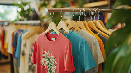 A vibrant array of colorful shirts hanging on wooden hangers, creating an inviting shopping atmosphere in a stylish retail space. Perfect for fashion enthusiasts.の素材