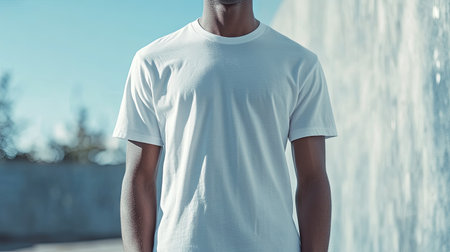 A clean and versatile mock-up of a white shirt, displayed in natural light, highlighting the fabric's texture and fit. Ideal for fashion and apparel designs.の素材