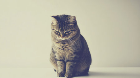 A sad cat sits upright, showcasing a stoic expression in a minimalistic setting. This image captures the essence of calmness and solitude in pet photography.の素材