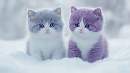 Two irresistibly cute British Shorthair kittens sitting in a snowy setting, displaying their fluffy coats and captivating blue and grey colors, radiating charm.の素材