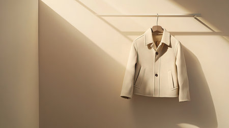 A minimalistic scene featuring a stylish lightweight jacket hanging on a modern hanger. Soft lighting and neutral colors create an elegant display, perfect for fashion showcases.の素材