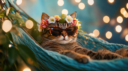 A charming tabby cat wears stylish sunglasses and a flower crown while lounging in a hammock, surrounded by warm lights. Perfect for animal lovers!の素材