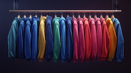 A vibrant collection of colorful sweatshirts neatly hung on a stylish rack. Perfect for showcasing fashion and textile arrangements in retail or creative settings.の素材