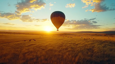 A hot air balloon ascends gracefully at sunset over the serene Masai Mara, capturing the beauty of nature and the thrill of adventure in the African landscape.の素材