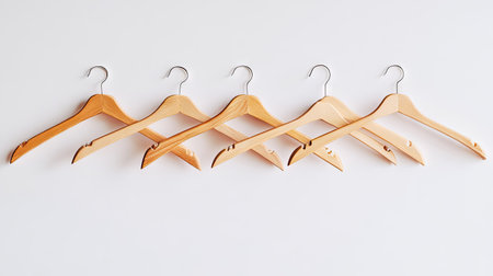 A collection of neatly arranged wooden coat hangers on a clean wall, showcasing modern design and minimalistic style, perfect for interior decoration and organization.の素材