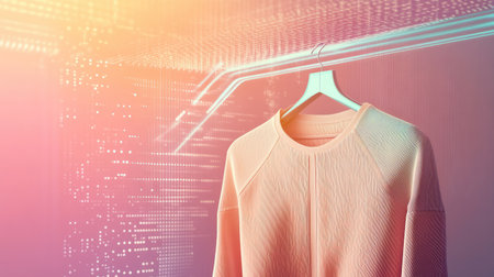 A stylish neutral toned garment displayed on a hanger against a digital backdrop, highlighting modern design aesthetics in fashion photography.の素材