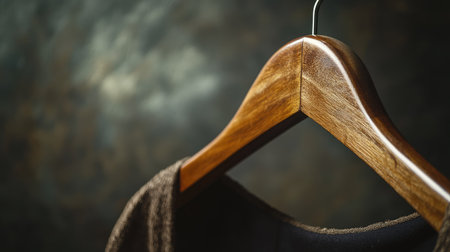 A close-up studio shot of a single wooden hanger against a dark background, showcasing its elegant design and craftsmanship for fashion presentations.の素材