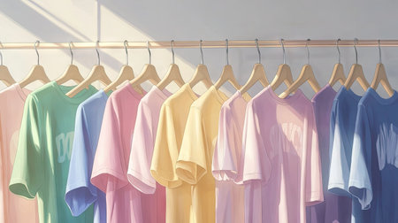 A vibrant array of colorful shirts neatly displayed on hangers, showcasing a variety of hues perfect for casual wear or retail settings. Ideal for fashion and lifestyle themes.の素材