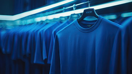 A collection of stylish deep blue shirts elegantly displayed on hangers, showcasing modern design and aesthetic appeal in a trendy retail environment.の素材
