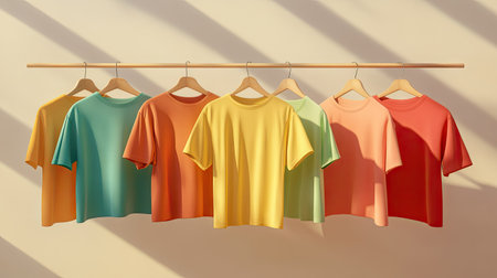 A vibrant collection of brightly colored t-shirts hanging on wooden hangers. The display features various shades, creating a cheerful and modern aesthetic. Perfect for fashion and retail themes.の素材