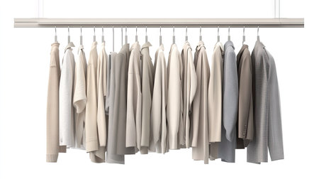 A minimalist clothing hanger displays a collection of neutral-toned garments. Perfect for modern fashion presentations or lifestyle imagery.の素材