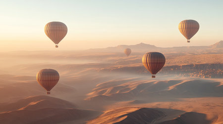A stunning display of colorful hot air balloons flying gracefully over a serene landscape at sunrise, capturing the essence of adventure and tranquility.の素材