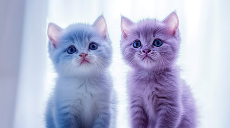 Two adorable British Shorthair kittens sit together, showcasing their fluffy coats and captivating expressions. Perfect for pet lovers and animal enthusiasts.の素材