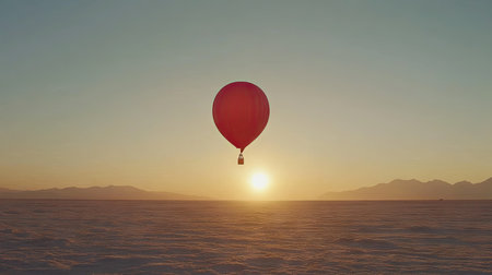 A vibrant red balloon floats effortlessly in a tranquil landscape at sunset, capturing the essence of adventure and serenity in the open sky.の素材