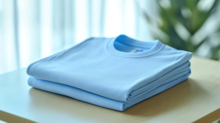 A neatly folded light blue shirt placed on a wooden table, ideal for showcasing casual apparel for both men and women in a modern setting.の素材