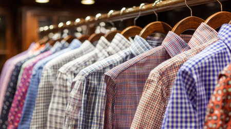 A stylish collection of fashionable shirts hanging neatly on wooden hangers. Featuring a variety of designs and colors, perfect for any wardrobe.の素材