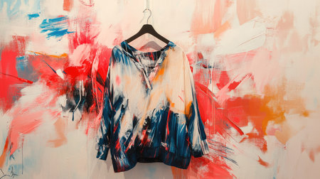 A vibrant garment displayed on a hanger against an artistic backdrop, showcasing a blend of colors and patterns, perfect for fashion enthusiasts.の素材
