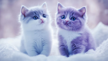 Two adorable British Shorthair kittens sit in a soft, cozy setting, showcasing their fluffy fur and expressive eyes. Perfect for pet lovers.の素材