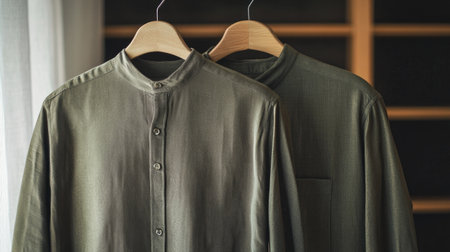 Two olive full sleeve shirts for men hang gracefully on wooden hangers, showcasing a stylish and elegant design suitable for casual and formal occasions.の素材