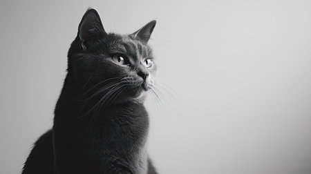 A striking black and white portrait of a short-haired cat, featuring a stern and somber expression. The image highlights the cat's elegant profile and unique features, creating a captivating atmosphere.の素材