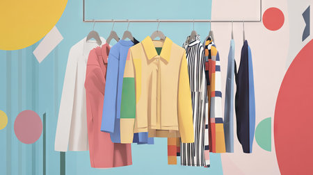 A vibrant collection of casual outfits displayed on a hanger against a colorful background. Perfect for fashion enthusiasts and design inspiration.の素材