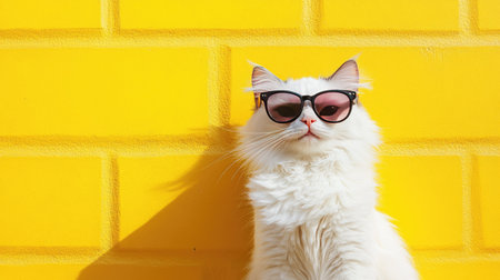 A confident white cat wearing stylish sunglasses poses against a vibrant yellow wall, exuding charm and playfulness in a bright, eye-catching portrait.の素材