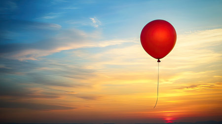 A vibrant red balloon drifts effortlessly against a stunning sunset sky, capturing a sense of freedom and tranquility perfect for artistic or whimsical themes.の素材