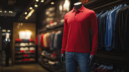A stylish red long sleeve polo shirt featured on a mannequin in a retail shop. Perfect for casual wear, this garment showcases modern fashion trends.の素材