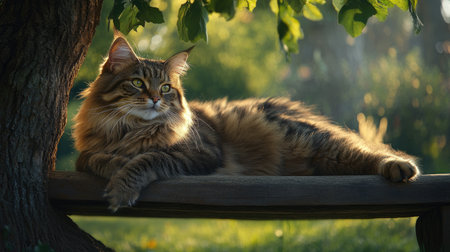 A beautiful Siberian cat reclines gracefully on a wooden bench, basking in the warm sunlight. The tranquil scene captures nature's beauty and the cat's majestic presence.の素材