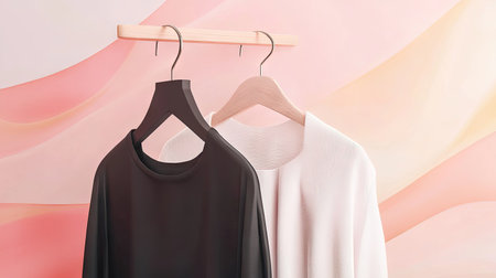 This image showcases modern sleek clothing displayed on hangers against a beautifully artistic background, highlighting minimal design and elegance.の素材