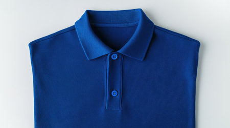 A simple blue polo shirt displayed on a white background, perfect for showcasing casual fashion styles for both men and women. Ideal for clothing presentations.の素材