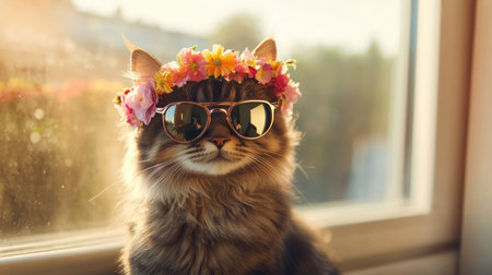 A stylish tabby cat flaunting a floral crown and sunglasses, basking in warm sunlight. This adorable indoor portrait captures a fun and trendy atmosphere.の素材