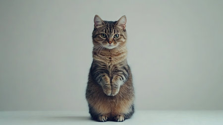 This image captures a sad cat sitting on its hind legs, embodying a stoic expression. Its calm demeanor and adorable posture create a unique and charming portrait.の素材
