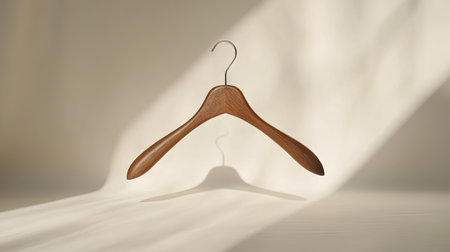 This image showcases an elegant wooden coat hanger, beautifully angled against a soft light backdrop, creating a serene and stylish atmosphere, perfect for design inspiration.の素材