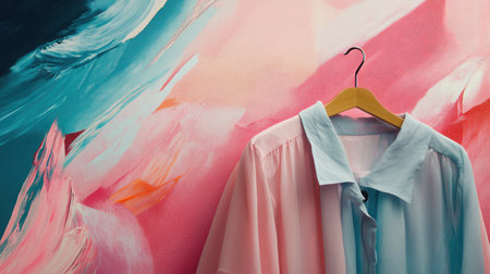 Elegant flowing garments hang against a stunning artistic background, creating a vibrant and stylish display. Perfect for fashion inspiration and creative visuals.の素材